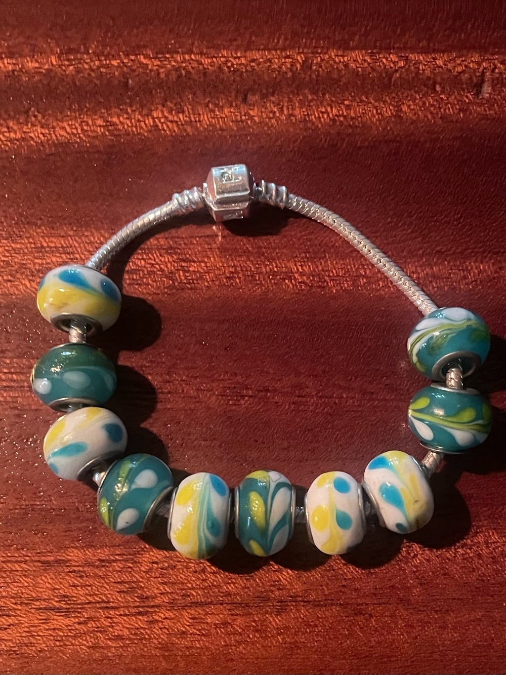 Pandora Silver Bracelet with Blue, Green and Yellow Murano Glass Beads